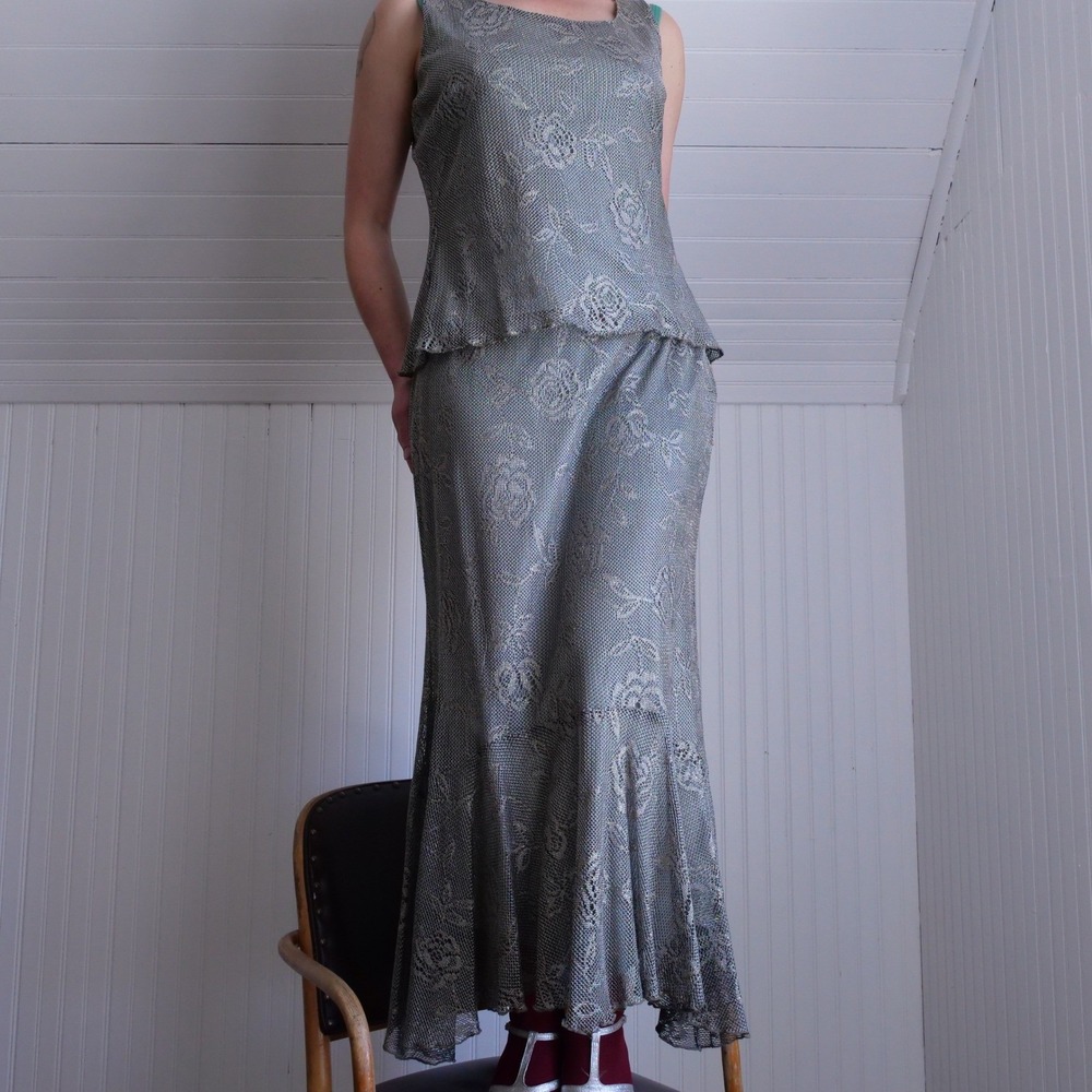 Sexy mermaid y2k Spencer Alexis silvery net tank top skirt 2 piece set